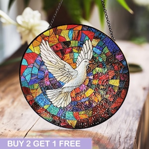 Peace Dove Stained Glass Panel - Vibrant Multicolor Design Circular Window Hanging