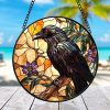 Gothic Raven Stained Glass Suncatcher | Circular Mosaic Window Art | Witchy Dark Academia Decor