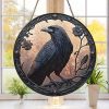 Raven Stained Glass Suncatcher, Round Window Hanging Dark Book Stack Decor, Gothic Bird Lover Decor, Halloween Mystic Witchy Memorial Gift