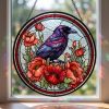 Crow Poppy Stained Glass Suncatcher, Red Flower Raven Window Hanging Decor, Gothic Botanical Bird Ornament, Whimsical Nature Lover Gift Her